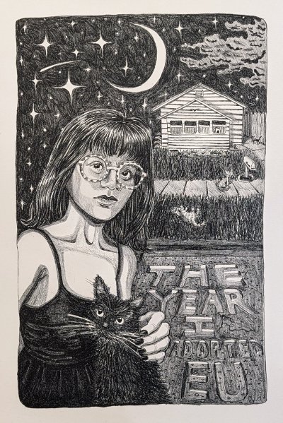 A figure holding a cat standing in front of a house with a starry sky in the background. The words, "The Year I Met EU" are on the front right going up towards the house. "EU" stands for "Eulalia", the cat's name.